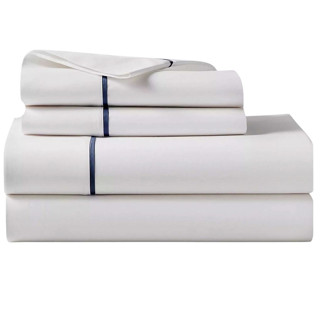 Ralph Lauren Organic Cotton Percale Palmer Twin Flat Sheet White/Polo Navy $125